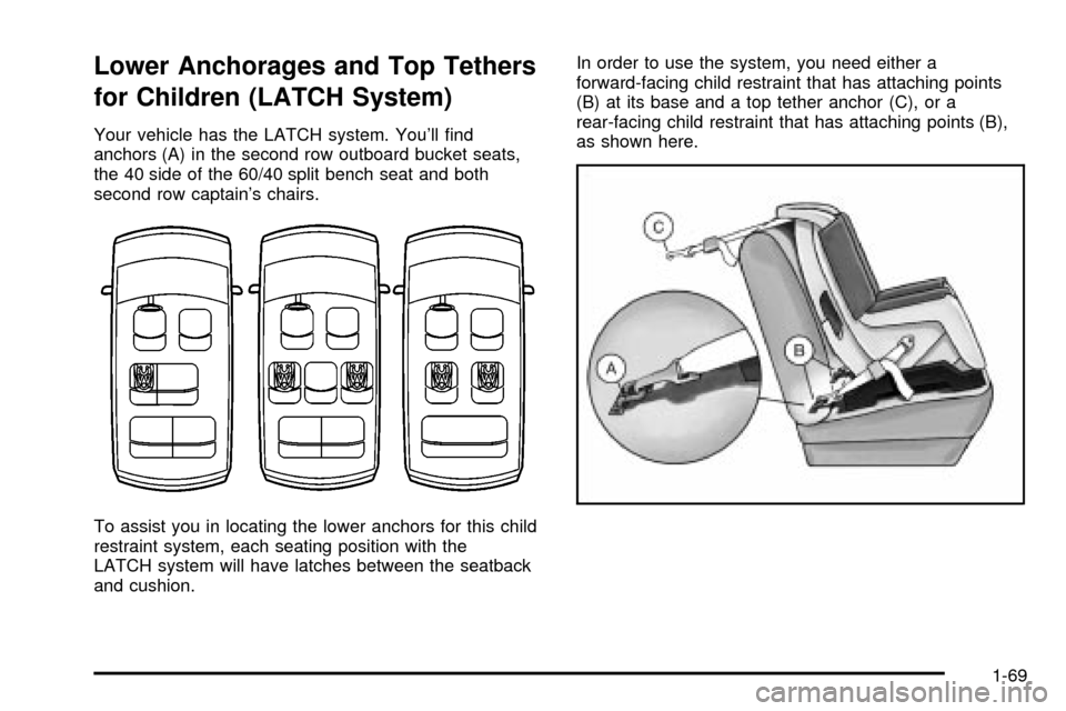 CHEVROLET VENTURE 2003 1.G Owners Manual Lower Anchorages and Top Tethers
for Children (LATCH System)
Your vehicle has the LATCH system. Youll ®nd
anchors (A) in the second row outboard bucket seats,
the 40 side of the 60/40 split bench se