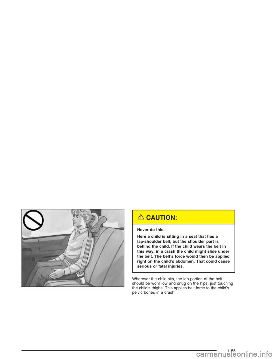 CHEVROLET VENTURE 2004 1.G Owners Manual {CAUTION:
Never do this.
Here a child is sitting in a seat that has a
lap-shoulder belt, but the shoulder part is
behind the child. If the child wears the belt in
this way, in a crash the child might 