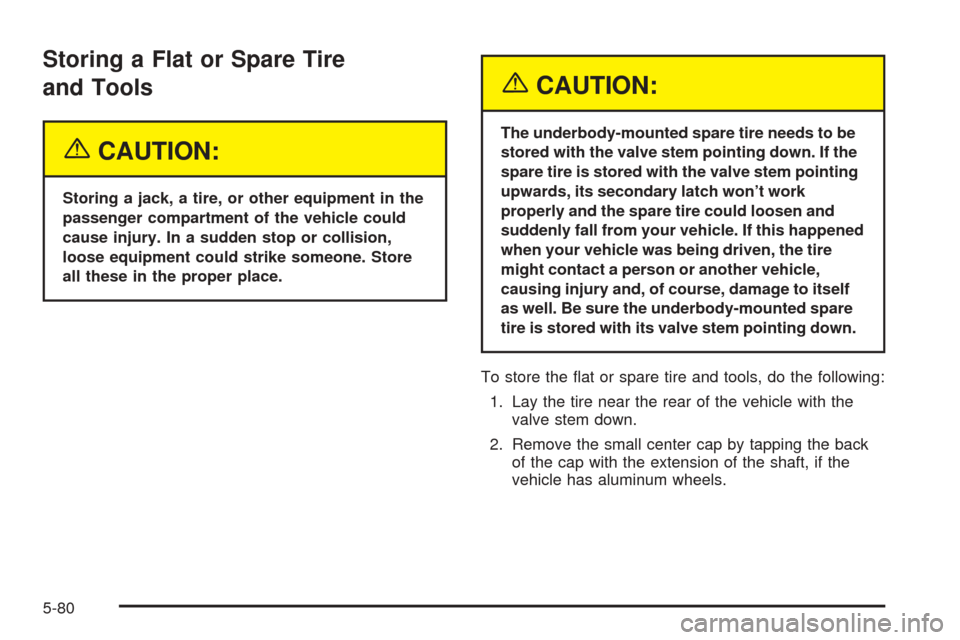 CHEVROLET VENTURE 2005 1.G Owners Manual Storing a Flat or Spare Tire
and Tools
{CAUTION:
Storing a jack, a tire, or other equipment in the
passenger compartment of the vehicle could
cause injury. In a sudden stop or collision,
loose equipme