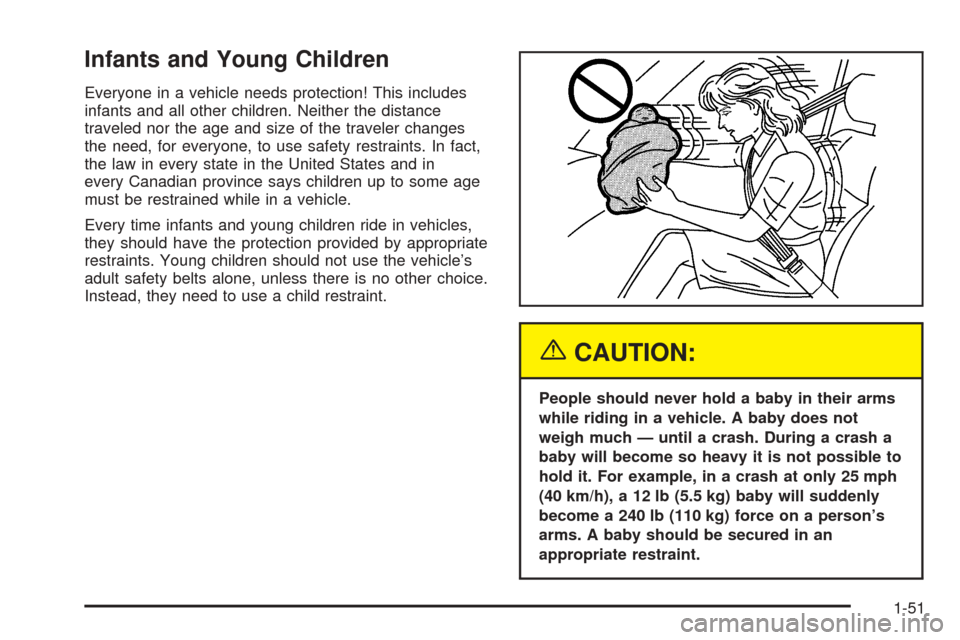 CHEVROLET VENTURE 2005 1.G Owners Manual Infants and Young Children
Everyone in a vehicle needs protection! This includes
infants and all other children. Neither the distance
traveled nor the age and size of the traveler changes
the need, fo
