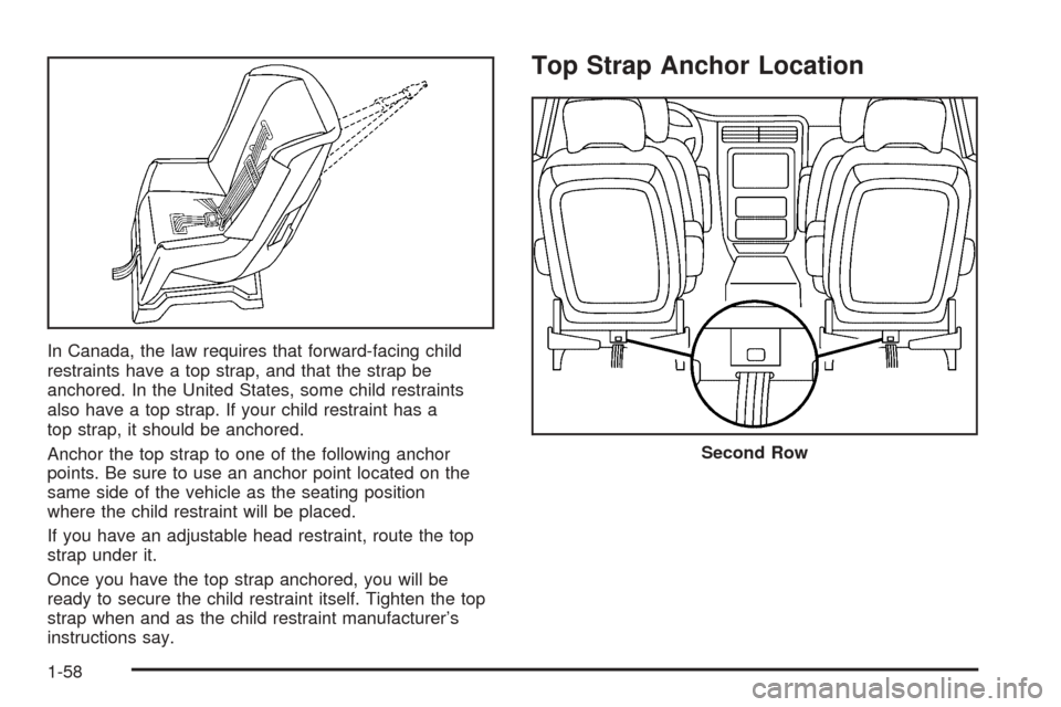CHEVROLET VENTURE 2005 1.G Owners Manual In Canada, the law requires that forward-facing child
restraints have a top strap, and that the strap be
anchored. In the United States, some child restraints
also have a top strap. If your child rest