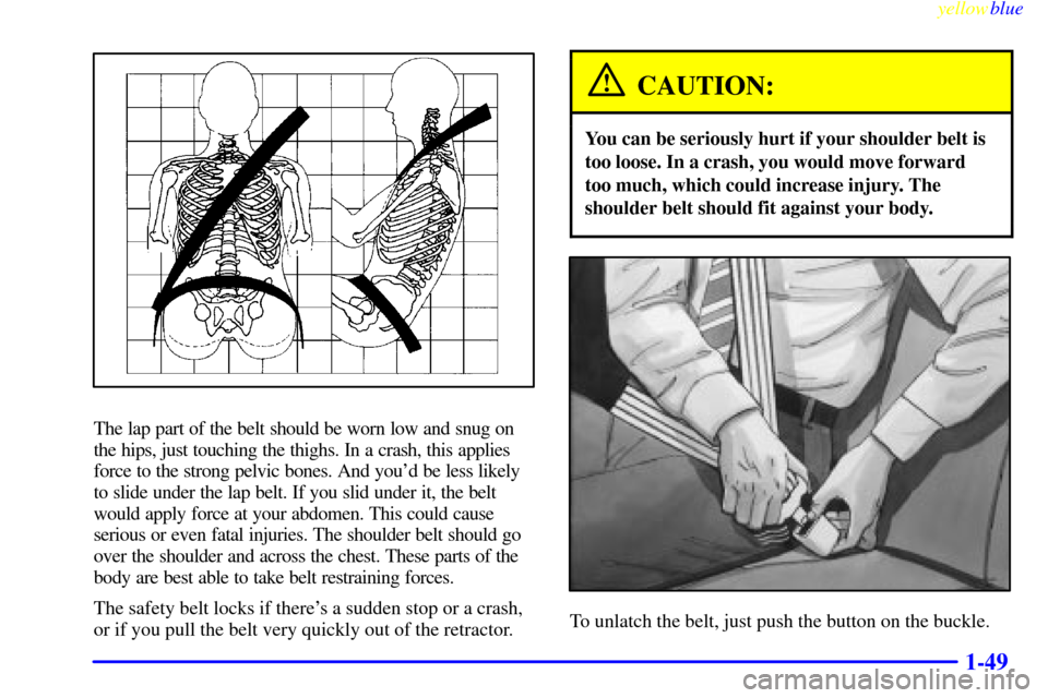 CHEVROLET VENTURE 1999 1.G Owners Manual yellowblue     
1-49
The lap part of the belt should be worn low and snug on
the hips, just touching the thighs. In a crash, this applies
force to the strong pelvic bones. And youd be less likely
to 