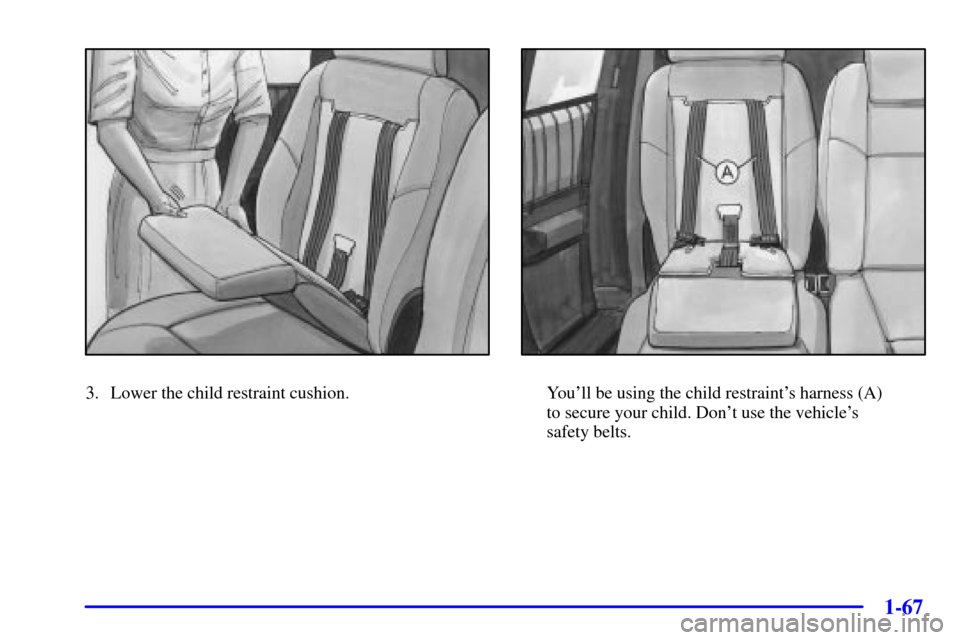 CHEVROLET VENTURE 2001 1.G Owners Manual 1-67
3. Lower the child restraint cushion.Youll be using the child restraints harness (A) 
to secure your child. Dont use the vehicles 
safety belts. 
