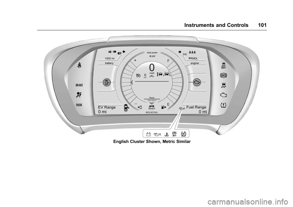 CHEVROLET VOLT 2016 2.G Owners Manual Chevrolet VOLT Owner Manual (GMNA-Localizing-U.S/Canada/Mexico-
9159388) - 2016 - crc - 5/20/15
Instruments and Controls 101
English Cluster Shown, Metric Similar 