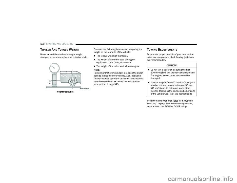CHRYSLER PACIFICA HYBRID 2022  Owners Manual 
180STARTING AND OPERATING  
TRAILER AND TONGUE WEIGHT 
Never exceed the maximum tongue weight 
stamped on your fascia/bumper or trailer hitch.

Weight Distribution
 Consider the following items when 