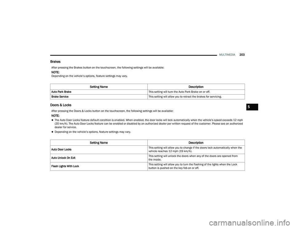 CHRYSLER PACIFICA HYBRID 2022  Owners Manual 
MULTIMEDIA203
Brakes
Doors & Locks
After pressing the Brakes button on the touchscreen, the following settings will be available:
NOTE:Depending on the vehicle’s options, feature settings may vary.