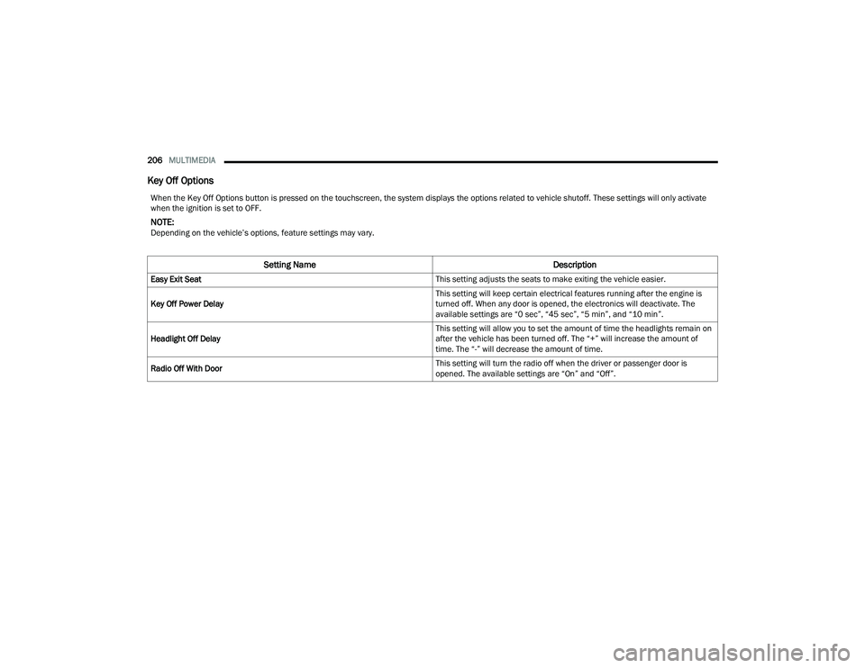 CHRYSLER PACIFICA HYBRID 2022  Owners Manual 
206MULTIMEDIA  
Key Off Options
When the Key Off Options button is pressed on the touchscreen, the system displays the options related to vehicle shutoff. These settings will only activate 
when the 