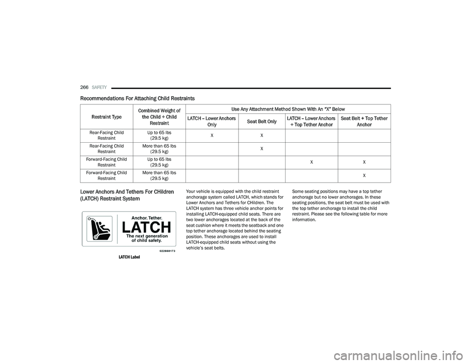 CHRYSLER PACIFICA HYBRID 2022  Owners Manual 
266SAFETY  
Recommendations For Attaching Child Restraints 
Lower Anchors And Tethers For CHildren 
(LATCH) Restraint System 

LATCH Label
 Your vehicle is equipped with the child restraint 
anchorag