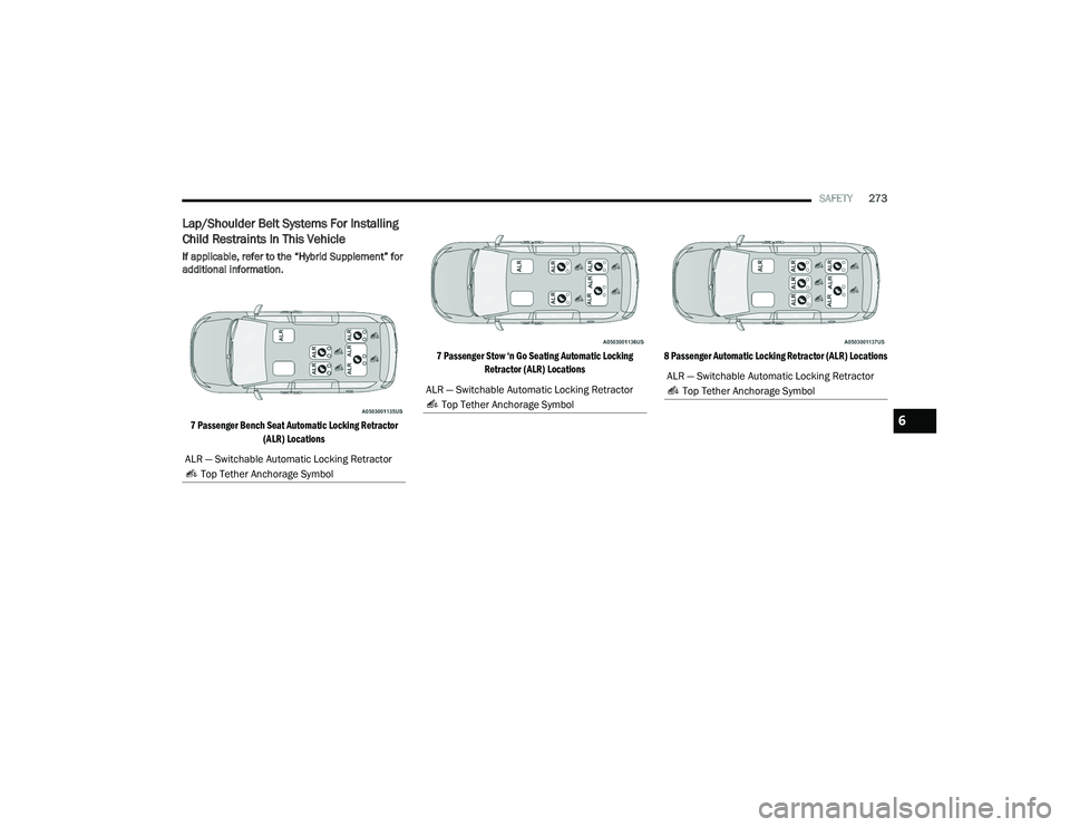 CHRYSLER PACIFICA HYBRID 2022  Owners Manual 
SAFETY273
Lap/Shoulder Belt Systems For Installing 
Child Restraints In This Vehicle 
If applicable, refer to the “Hybrid Supplement” for 
additional information.

7 Passenger Bench Seat Automati