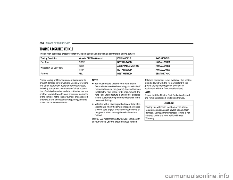 CHRYSLER PACIFICA HYBRID 2022  Owners Manual 
306IN CASE OF EMERGENCY  
TOWING A DISABLED VEHICLE  
This section describes procedures for towing a disabled vehicle using a commercial towing service.
Proper towing or lifting equipment is required