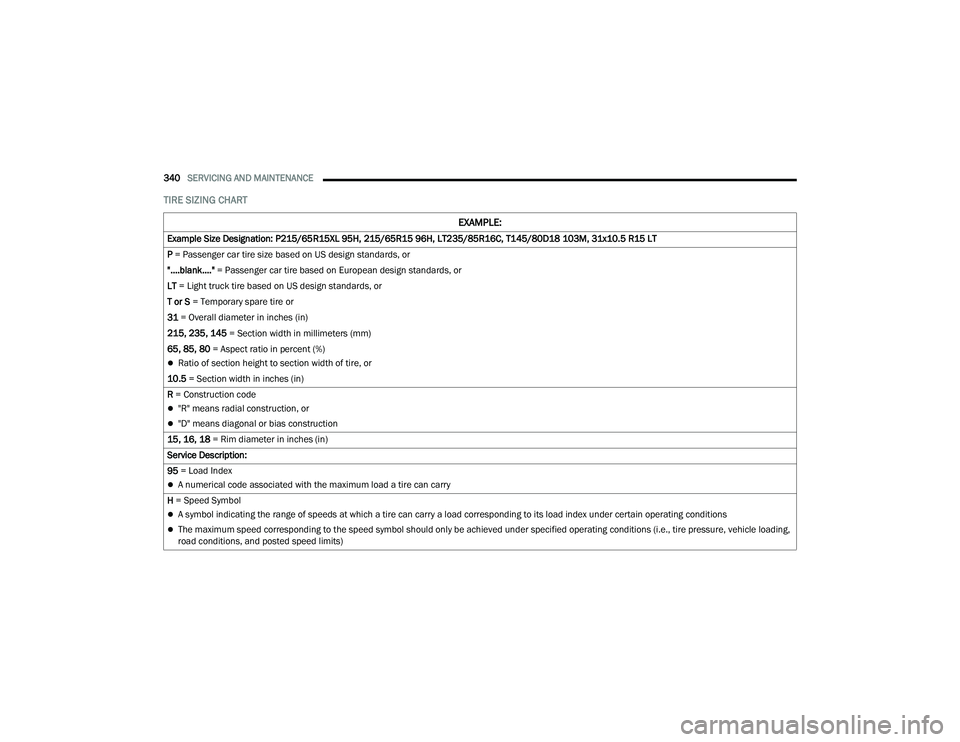 CHRYSLER PACIFICA HYBRID 2022  Owners Manual 
340SERVICING AND MAINTENANCE  
TIRE SIZING CHART 
EXAMPLE:
Example Size Designation: P215/65R15XL 95H, 215/65R15 96H, LT235/85R16C, T145/80D18 103M, 31x10.5 R15 LT
P = Passenger car tire size based o