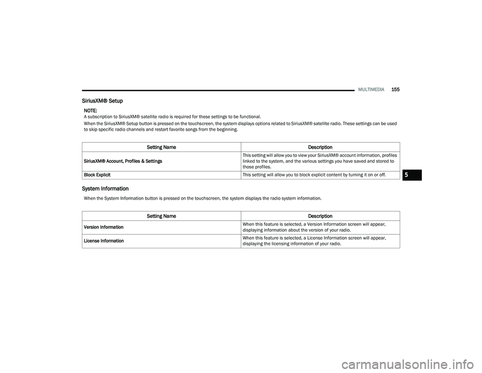 CHRYSLER VOYAGER 2022  Owners Manual 
MULTIMEDIA155
SiriusXM® Setup
System Information
NOTE:A subscription to SiriusXM® satellite radio is required for these settings to be functional.
When the SiriusXM® Setup button is pressed on the