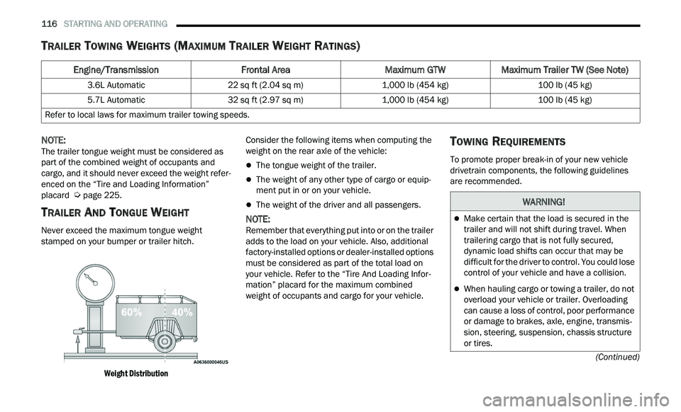 CHRYSLER 300 2021  Owners Manual 
116   STARTING AND OPERATING     
(Continued)
TRAILER TOWING WEIGHTS (MAXIMUM TRAILER WEIGHT RATINGS)   
NOTE: 
The trailer tongue weight must be considered as 
p a
rt of the combined weight of occup