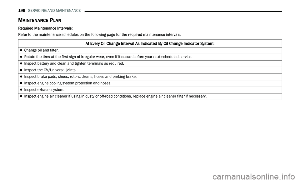 CHRYSLER 300 2021  Owners Manual 
196   SERVICING AND MAINTENANCE     
MAINTENANCE PLAN  
Required Maintenance Intervals:
Refer to the maintenance schedules on the following page for the required maintenance intervals.
At Every Oil C