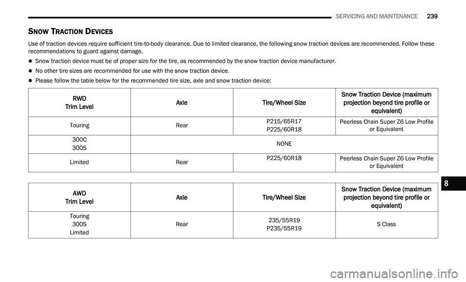 CHRYSLER 300 2021 Owners Manual
SERVICING AND MAINTENANCE 239
SNOW TRACTION DEVICES
Use of traction devices require sufficient tire-to-body clearance. Due to limited clearance, the following snow traction devices are rec CHRYSLER 300 2021 Owners Manual
SERVICING AND MAINTENANCE 239
SNOW TRACTION DEVICES
Use of traction devices require sufficient tire-to-body clearance. Due to limited clearance, the following snow traction devices are rec