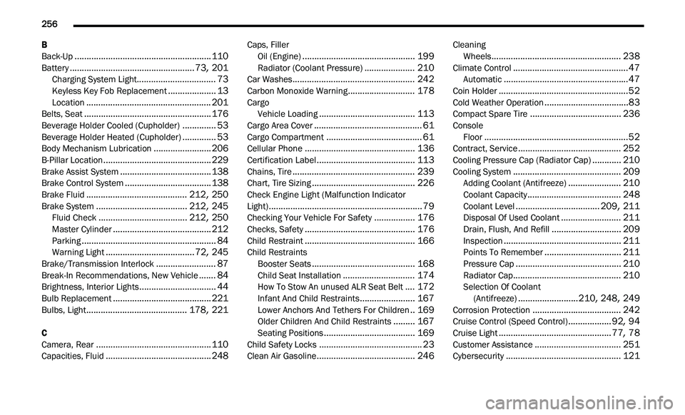 CHRYSLER 300 2021  Owners Manual 
256       
B
Back-Up.........................................................110Battery....................................................73, 201Charging System Light................................