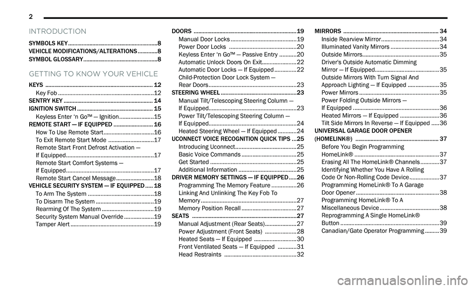 CHRYSLER 300 2021  Owners Manual 
2       
INTRODUCTION
SYMBOLS KEY ...........................................................8
VEHICLE MODIFICATIONS/ALTERATIONS .. ...........8
SYMBOL GLOSSARY.. ....................................