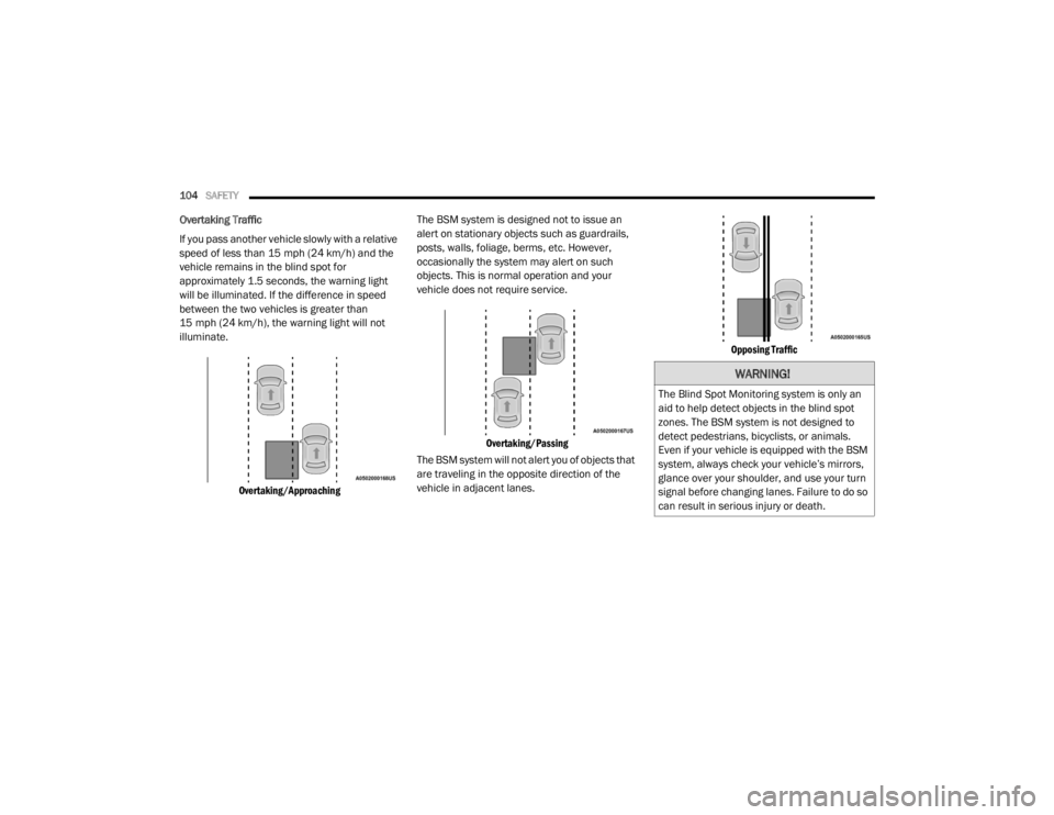CHRYSLER 300 2020  Owners Manual 
104SAFETY  
Overtaking Traffic
If you pass another vehicle slowly with a relative 
speed of less than 15 mph (24 km/h) and the 
vehicle remains in the blind spot for 
approximately 1.5 seconds, the w