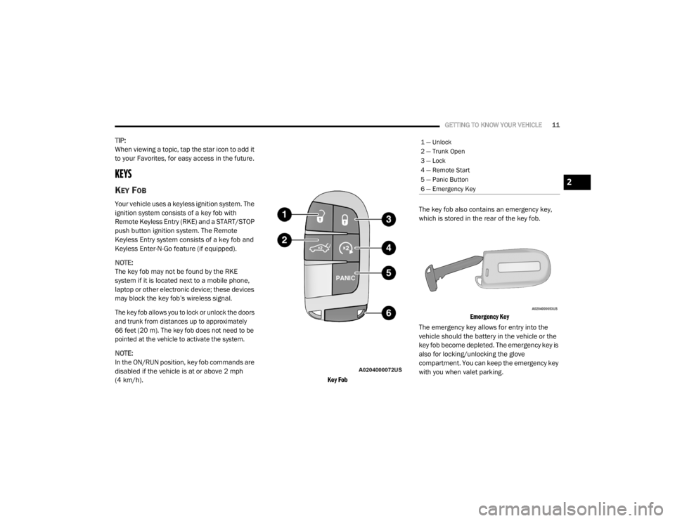 CHRYSLER 300 2020  Owners Manual 
GETTING TO KNOW YOUR VEHICLE11
TIP:
When viewing a topic, tap the star icon to add it 
to your Favorites, for easy access in the future.
KEYS 
KEY FOB
Your vehicle uses a keyless ignition system. The