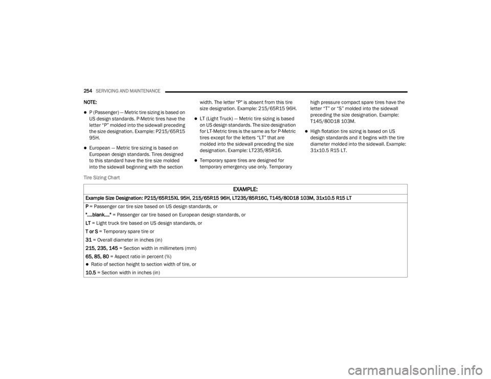 CHRYSLER 300 2020  Owners Manual 
254SERVICING AND MAINTENANCE  
NOTE:
P (Passenger) — Metric tire sizing is based on 
US design standards. P-Metric tires have the 
letter “P” molded into the sidewall preceding 
the size des