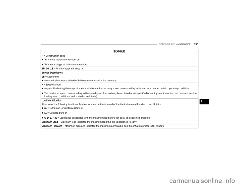 CHRYSLER 300 2020  Owners Manual 
SERVICING AND MAINTENANCE255
R = Construction code 
"R" means radial construction, or
"D" means diagonal or bias construction
15, 16, 18  = Rim diameter in inches (in)
Service D