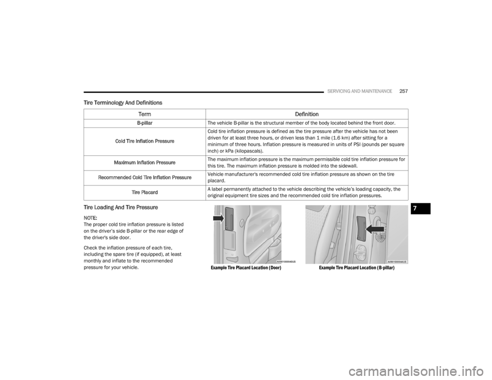 CHRYSLER 300 2020  Owners Manual 
SERVICING AND MAINTENANCE257
Tire Terminology And Definitions
Tire Loading And Tire Pressure     
NOTE:
The proper cold tire inflation pressure is listed 
on the driver’s side B-pillar or the rear 