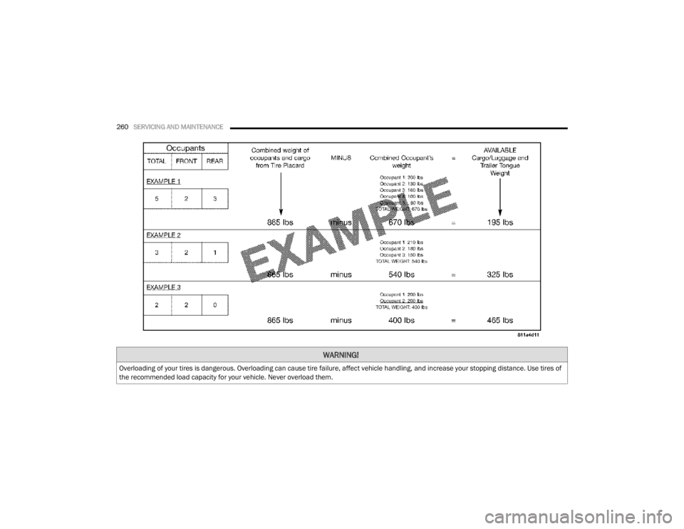 CHRYSLER 300 2020  Owners Manual 
260SERVICING AND MAINTENANCE  
WARNING!
Overloading of your tires is dangerous. Overloading can cause tire failure, affect vehicle handling, and increase your stopping distance. Use tires of 
the rec