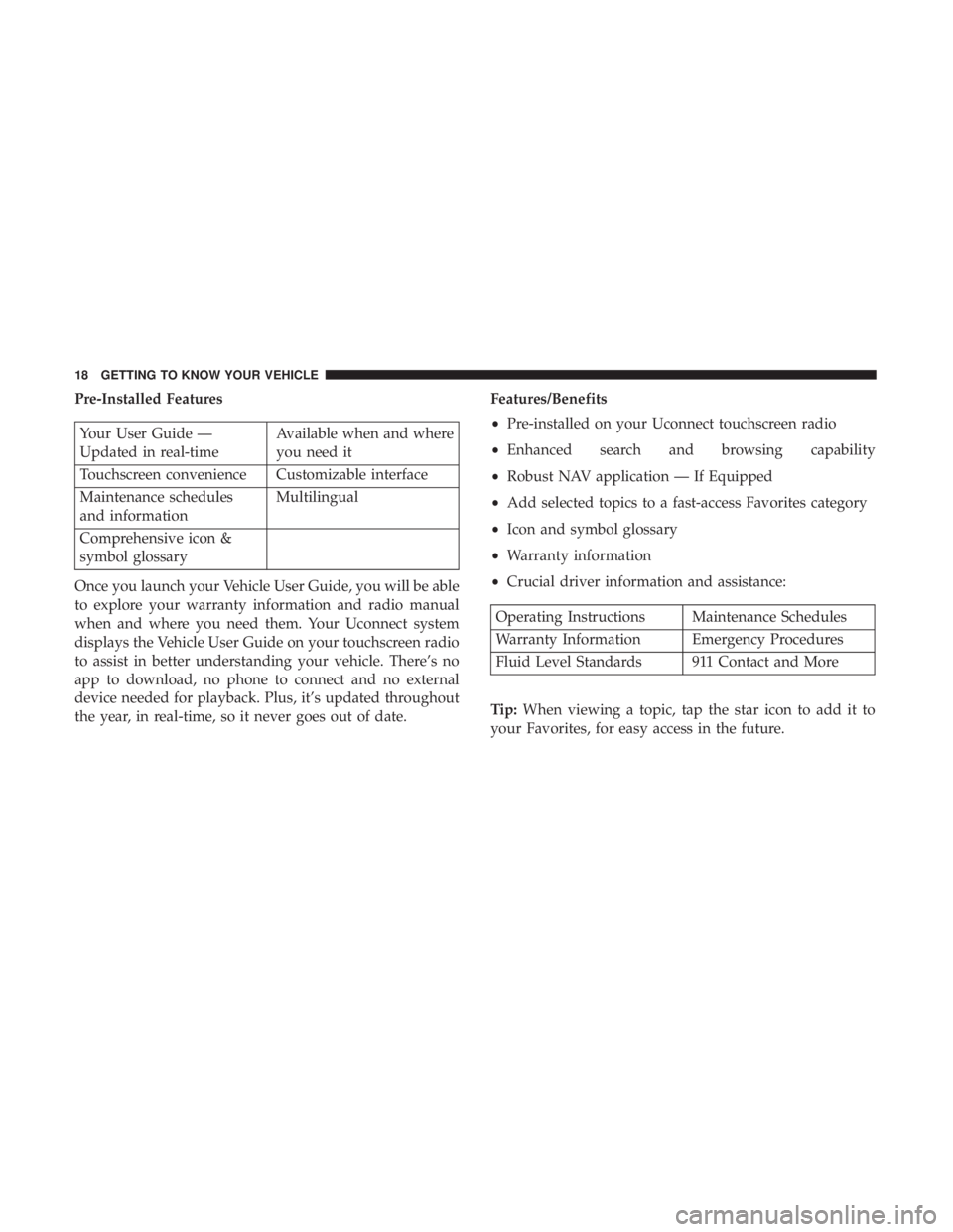CHRYSLER 300 2019  Owners Manual Pre-Installed Features
Your User Guide —
Updated in real-timeAvailable when and where
you need it
Touchscreen convenience Customizable interface
Maintenance schedules
and information Multilingual
Co