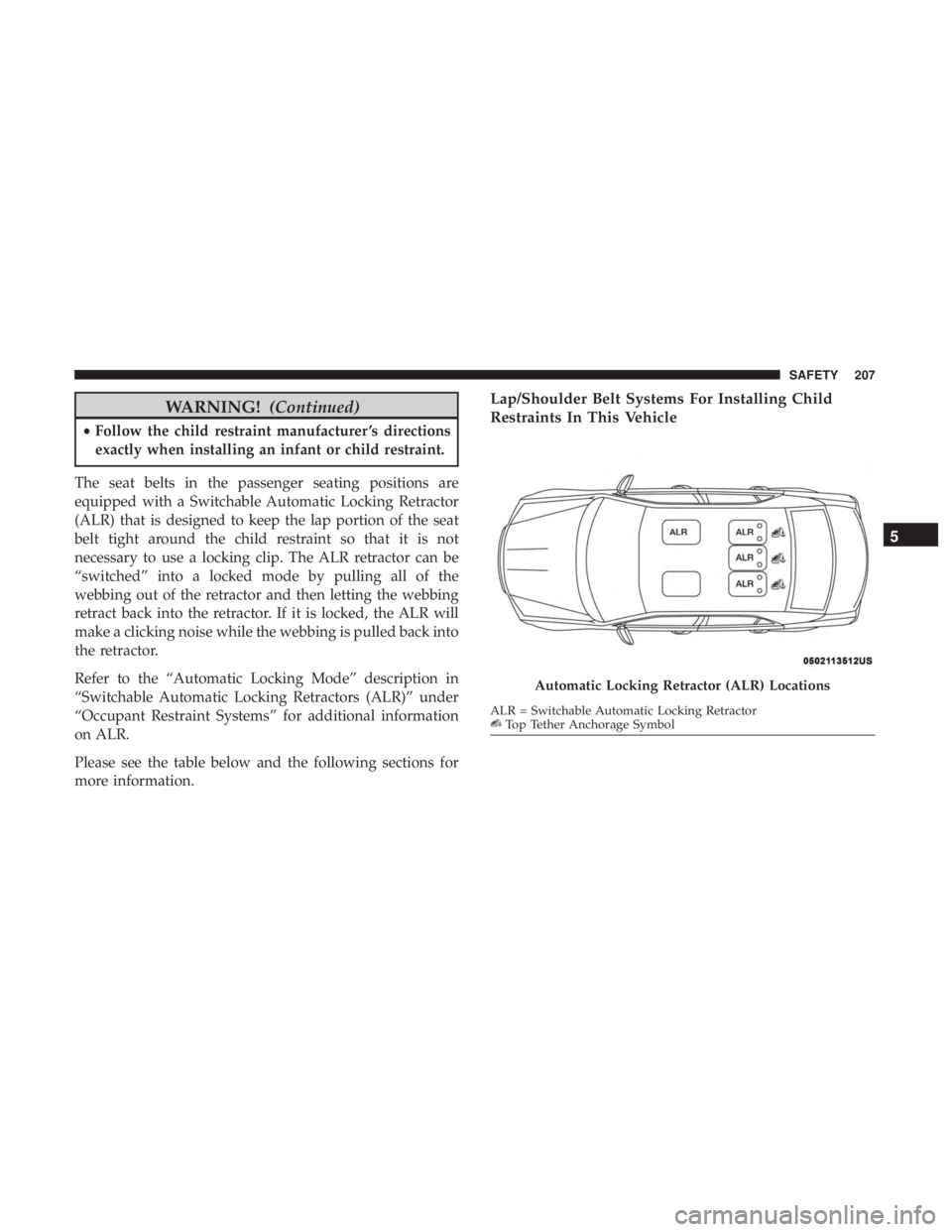 CHRYSLER 300 2019  Owners Manual WARNING!(Continued)
•Follow the child restraint manufacturer ’s directions
exactly when installing an infant or child restraint.
The seat belts in the passenger seating positions are
equipped with