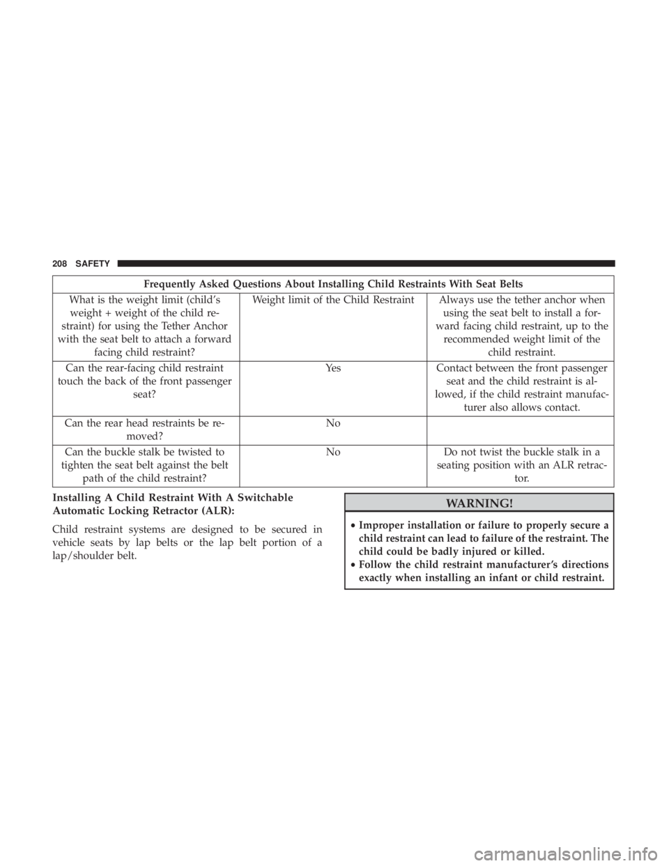 CHRYSLER 300 2019  Owners Manual Frequently Asked Questions About Installing Child Restraints With Seat Belts
What is the weight limit (child’s weight + weight of the child re-
straint) for using the Tether Anchor
with the seat bel