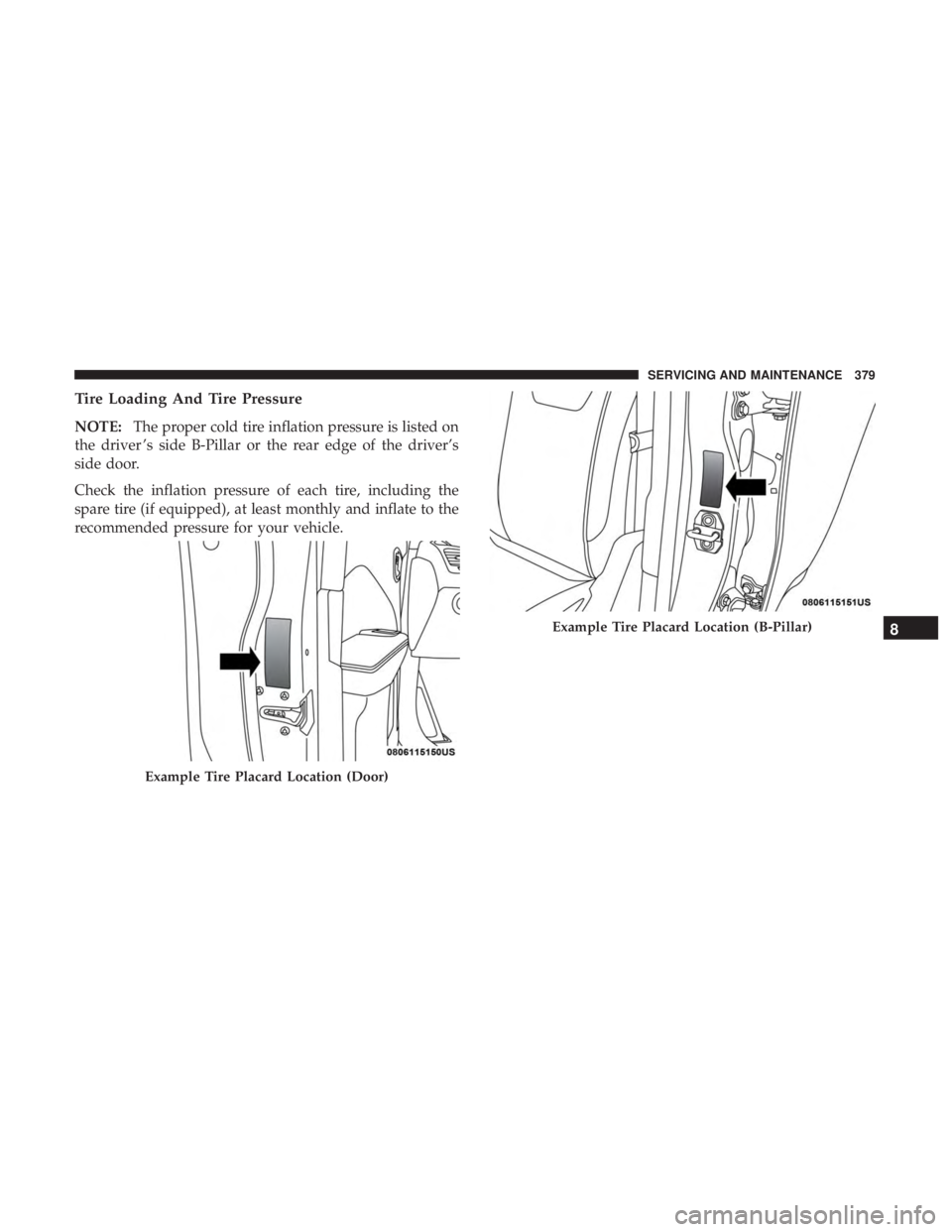 CHRYSLER 300 2019  Owners Manual Tire Loading And Tire Pressure
NOTE:The proper cold tire inflation pressure is listed on
the driver ’s side B-Pillar or the rear edge of the driver’s
side door.
Check the inflation pressure of eac