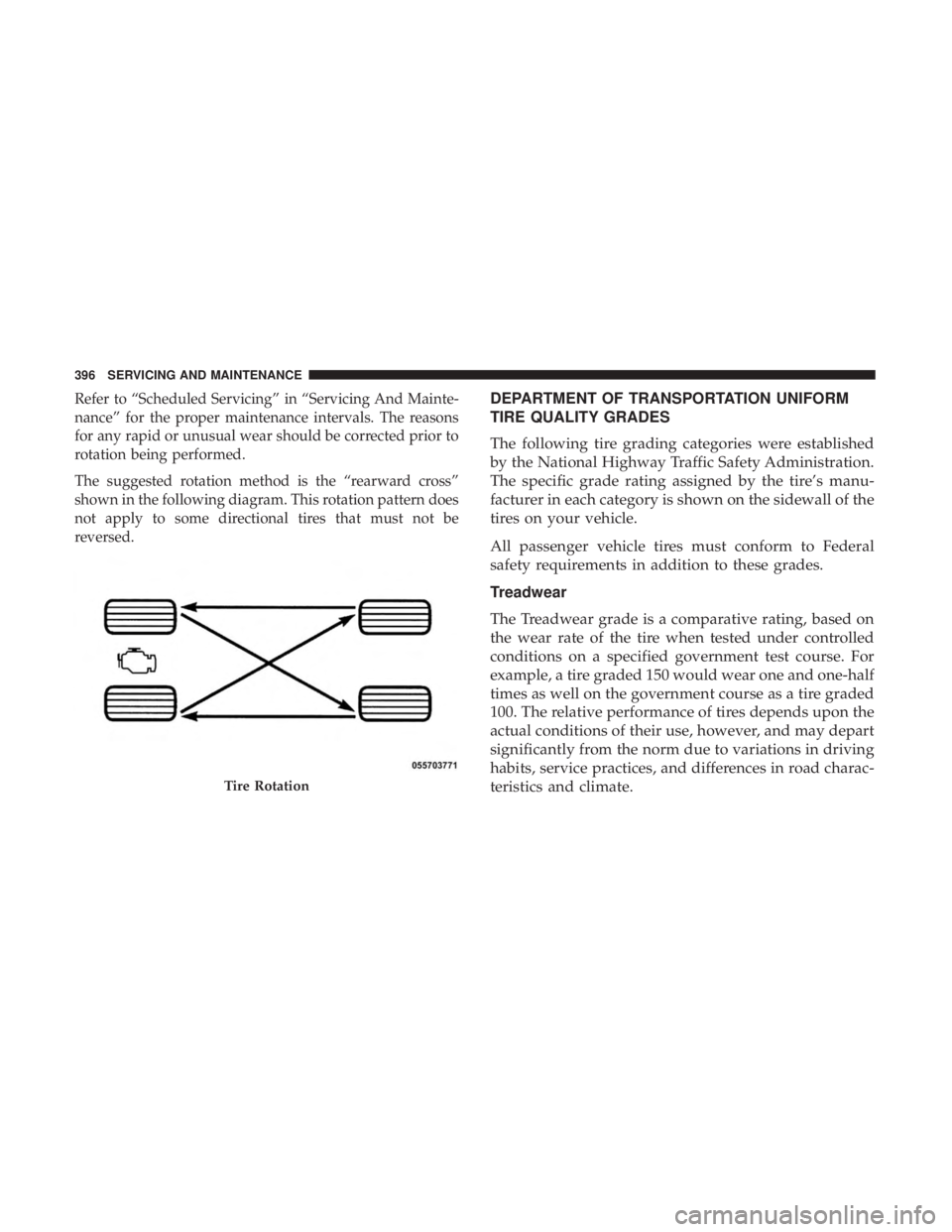 CHRYSLER 300 2019  Owners Manual Refer to “Scheduled Servicing” in “Servicing And Mainte-
nance” for the proper maintenance intervals. The reasons
for any rapid or unusual wear should be corrected prior to
rotation being perf