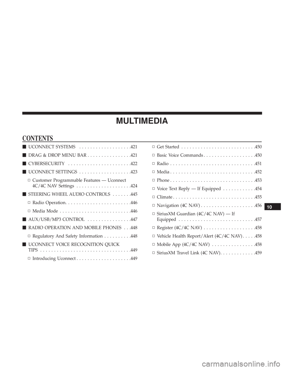 CHRYSLER 300 2019 Owners Manual MULTIMEDIA
CONTENTS
UCONNECT SYSTEMS ...................421
DRAG & DROP MENU BAR ................421
CYBERSECURITY ...................... .422
UCONNECT SETTINGS ...................423
▫ Custo CHRYSLER 300 2019 Owners Manual MULTIMEDIA
CONTENTS
UCONNECT SYSTEMS ...................421
DRAG & DROP MENU BAR ................421
CYBERSECURITY ...................... .422
UCONNECT SETTINGS ...................423
▫ Custo