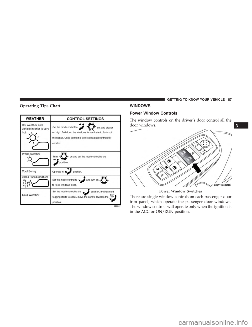 CHRYSLER 300 2019  Owners Manual Operating Tips ChartWINDOWS
Power Window Controls
The window controls on the driver’s door control all the
door windows.
There are single window controls on each passenger door
trim panel, which ope