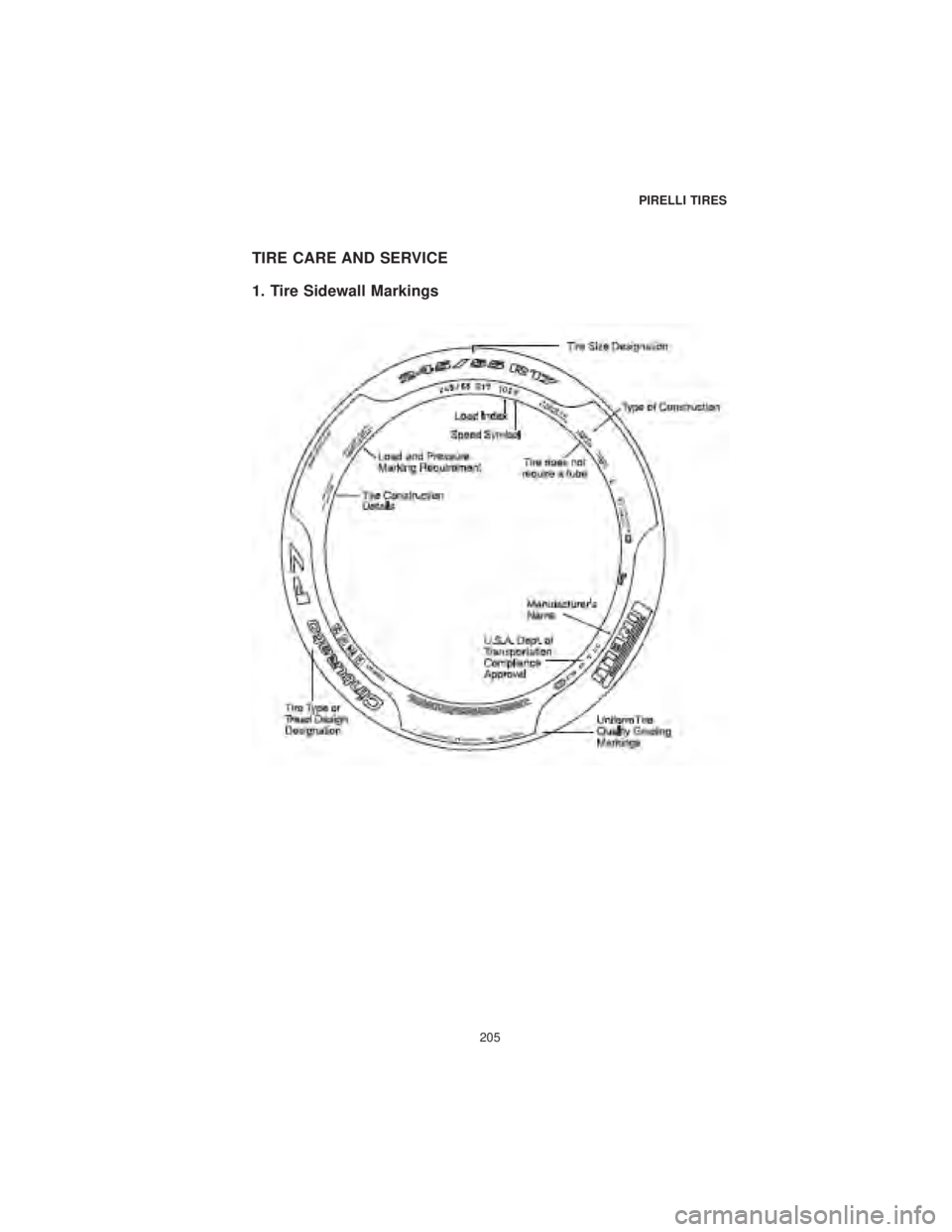 CHRYSLER 300 2019  Vehicle Warranty TIRE CARE AND SERVICE
1. Tire Sidewall Markings
PIRELLI TIRES
205 