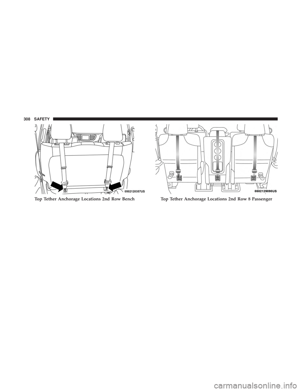 CHRYSLER PACIFICA 2019  Owners Manual Top Tether Anchorage Locations 2nd Row BenchTop Tether Anchorage Locations 2nd Row 8 Passenger
308 SAFETY 