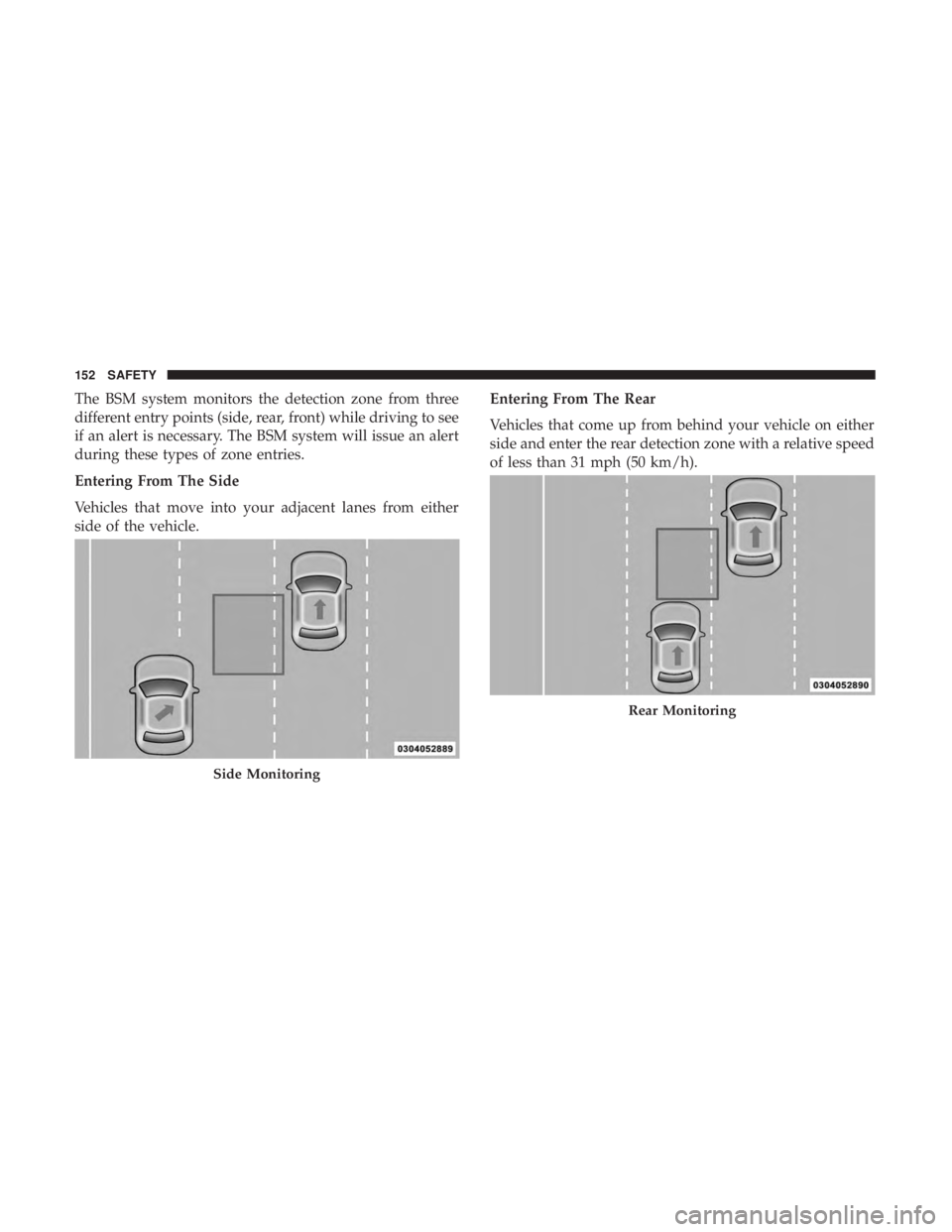 CHRYSLER 300 2018  Owners Manual The BSM system monitors the detection zone from three
different entry points (side, rear, front) while driving to see
if an alert is necessary. The BSM system will issue an alert
during these types of