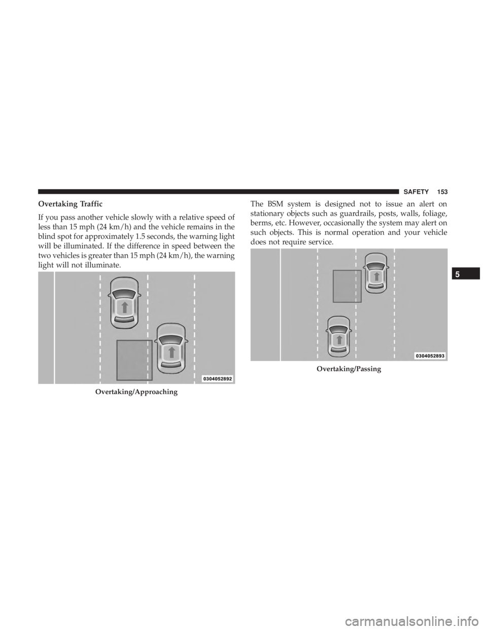CHRYSLER 300 2018  Owners Manual Overtaking Traffic
If you pass another vehicle slowly with a relative speed of
less than 15 mph (24 km/h) and the vehicle remains in the
blind spot for approximately 1.5 seconds, the warning light
wil