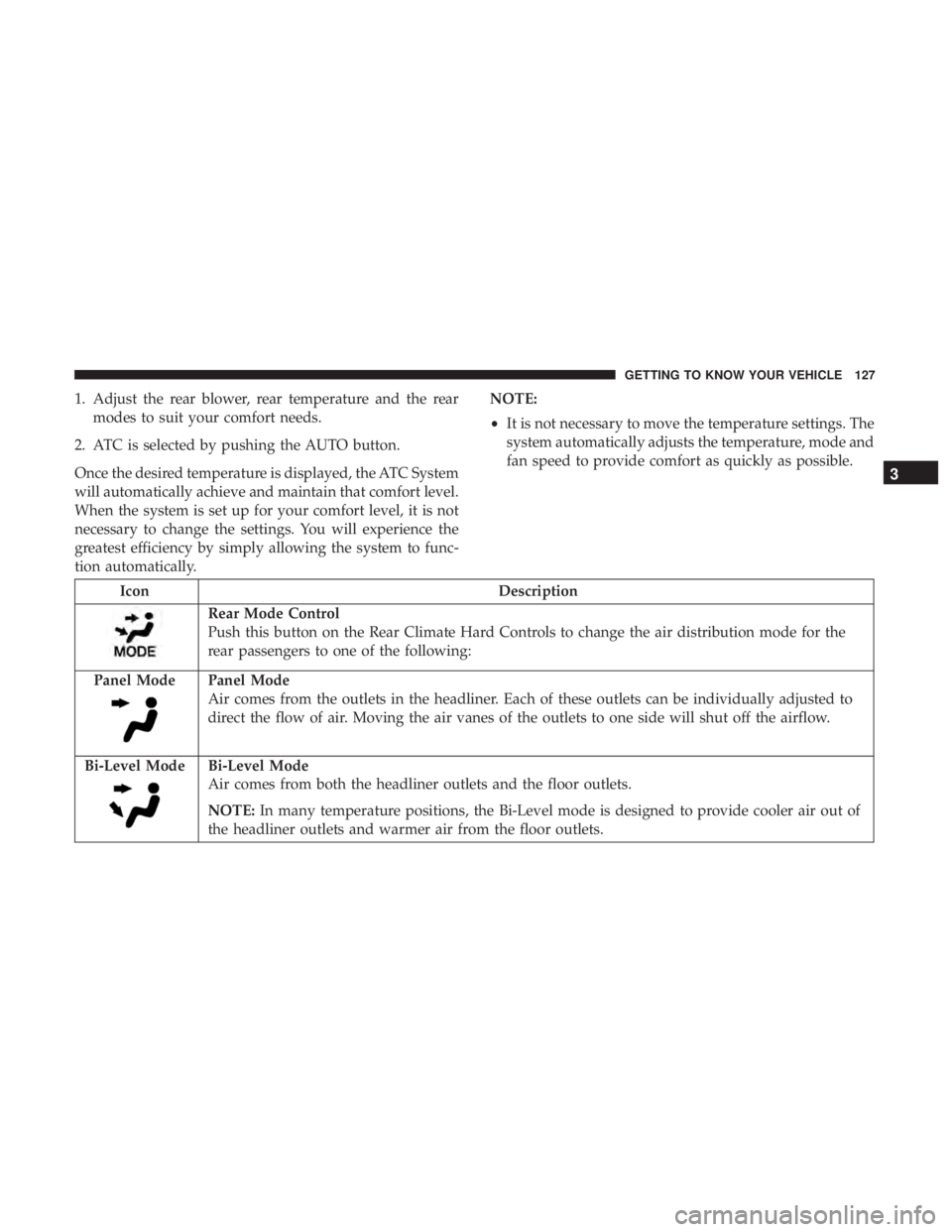 CHRYSLER PACIFICA 2018  Owners Manual 1. Adjust the rear blower, rear temperature and the rearmodes to suit your comfort needs.
2. ATC is selected by pushing the AUTO button.
Once the desired temperature is displayed, the ATC System
will 