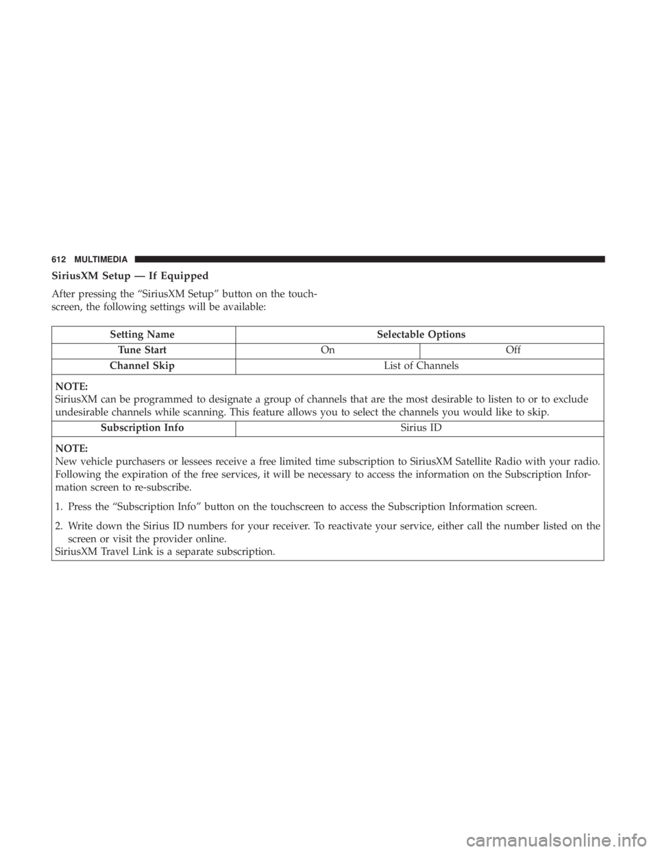 CHRYSLER PACIFICA 2018  Owners Manual SiriusXM Setup — If Equipped
After pressing the “SiriusXM Setup” button on the touch-
screen, the following settings will be available:
Setting NameSelectable Options
Tune Start OnOff
Channel Sk