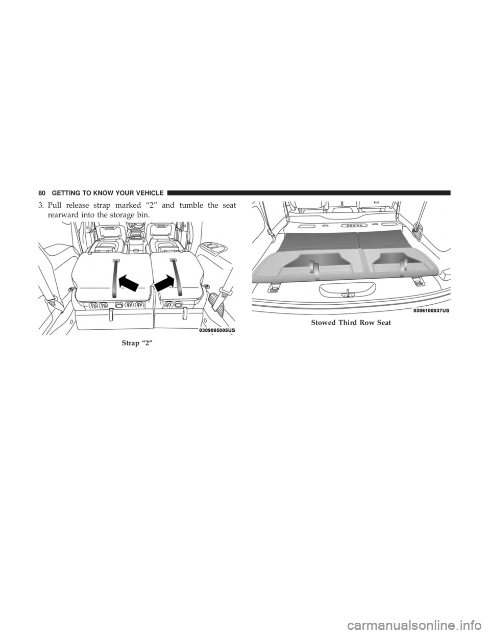 CHRYSLER PACIFICA 2018  Owners Manual 3. Pull release strap marked “2” and tumble the seatrearward into the storage bin.
Strap “2”
Stowed Third Row Seat
80 GETTING TO KNOW YOUR VEHICLE 