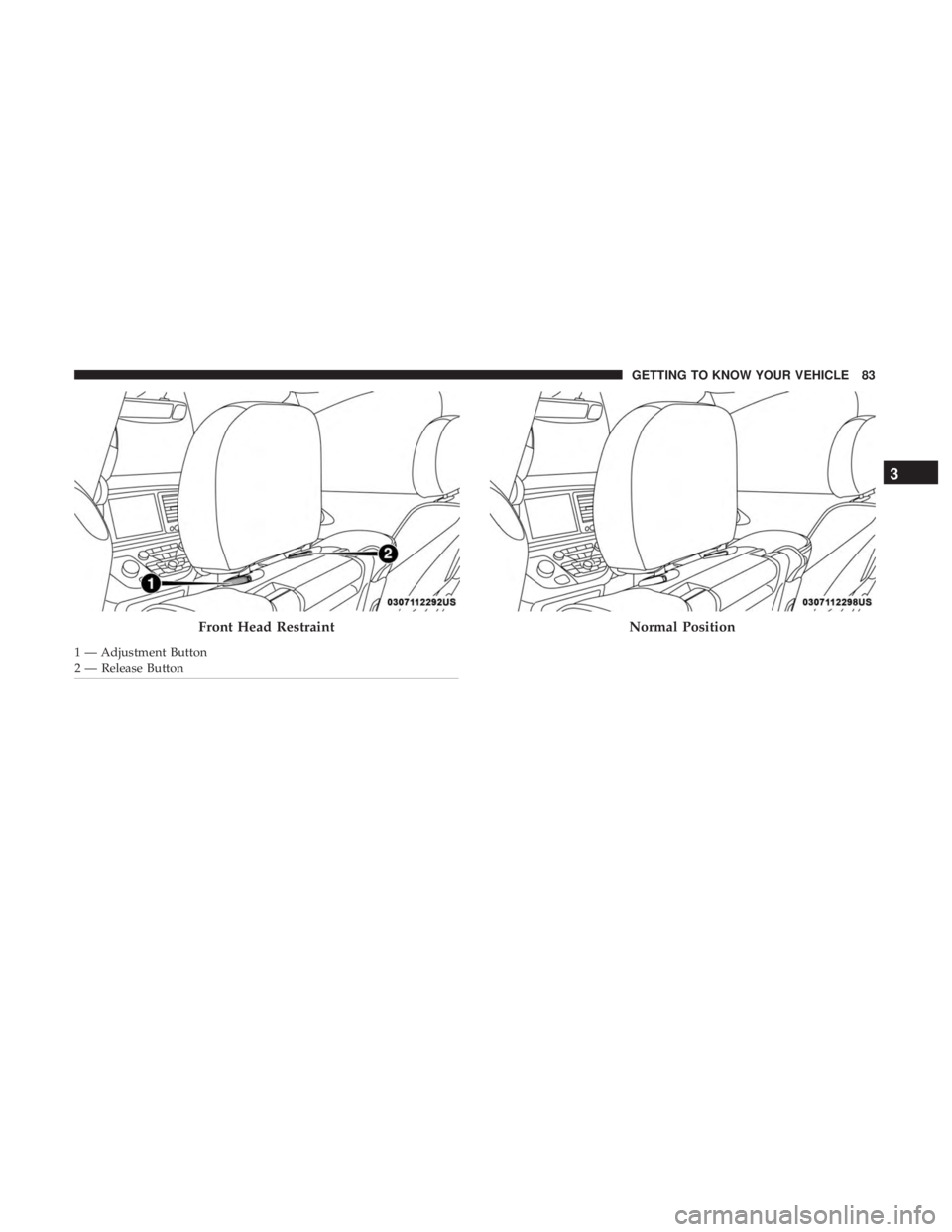 CHRYSLER PACIFICA 2018  Owners Manual Front Head Restraint
1 — Adjustment Button
2 — Release Button
Normal Position
3
GETTING TO KNOW YOUR VEHICLE 83 