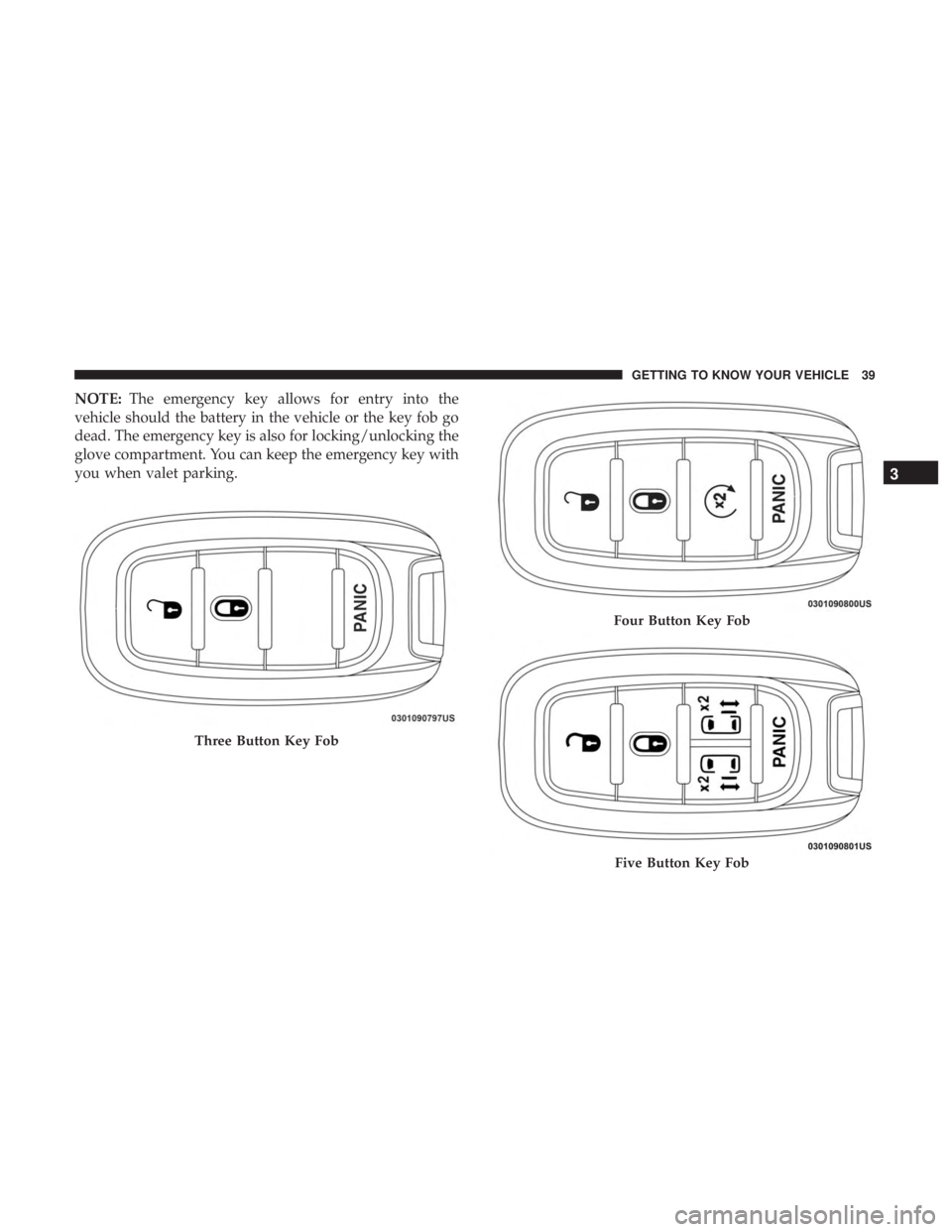CHRYSLER PACIFICA HYBRID 2018  Owners Manual NOTE:The emergency key allows for entry into the
vehicle should the battery in the vehicle or the key fob go
dead. The emergency key is also for locking/unlocking the
glove compartment. You can keep t