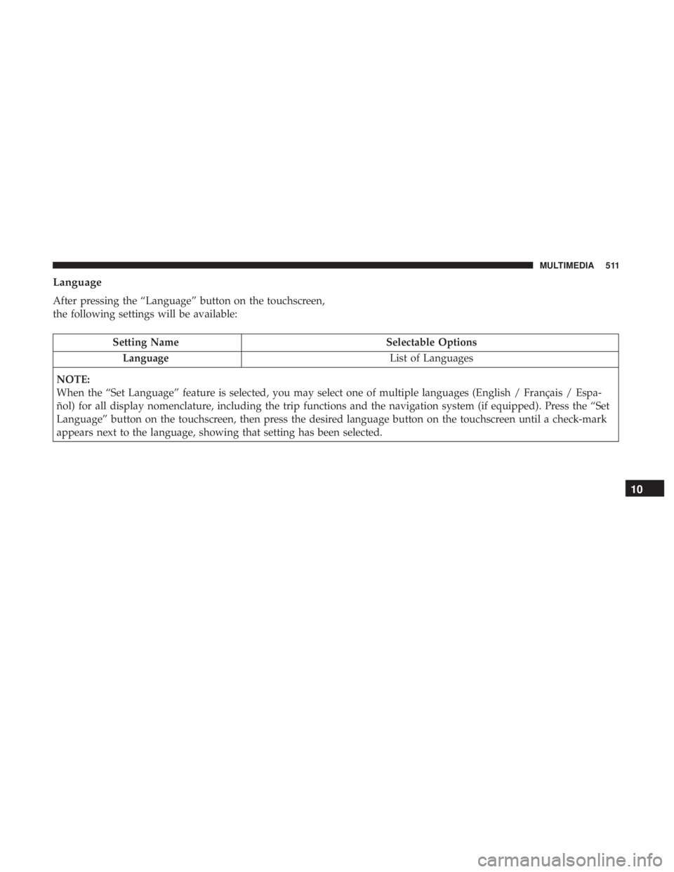 CHRYSLER PACIFICA HYBRID 2018  Owners Manual Language
After pressing the “Language” button on the touchscreen,
the following settings will be available:
Setting NameSelectable Options
Language List of Languages
NOTE:
When the “Set Language