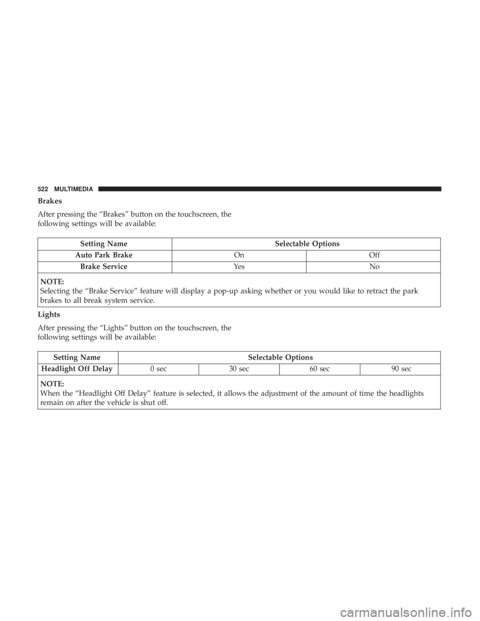 CHRYSLER PACIFICA HYBRID 2018  Owners Manual Brakes
After pressing the “Brakes” button on the touchscreen, the
following settings will be available:
Setting NameSelectable Options
Auto Park Brake OnOff
Brake Service Ye sN o
NOTE:
Selecting t