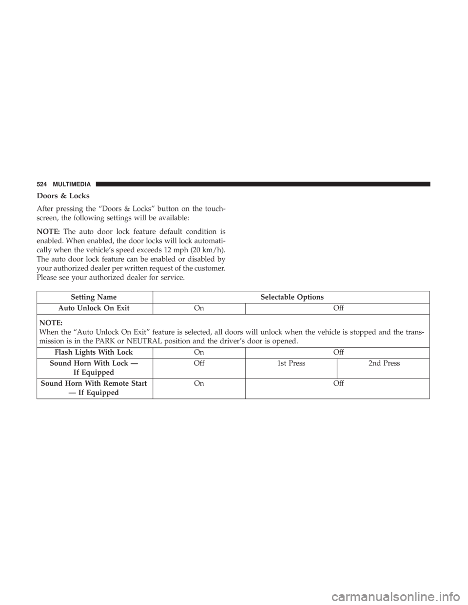 CHRYSLER PACIFICA HYBRID 2018  Owners Manual Doors & Locks
After pressing the “Doors & Locks” button on the touch-
screen, the following settings will be available:
NOTE:The auto door lock feature default condition is
enabled. When enabled, 
