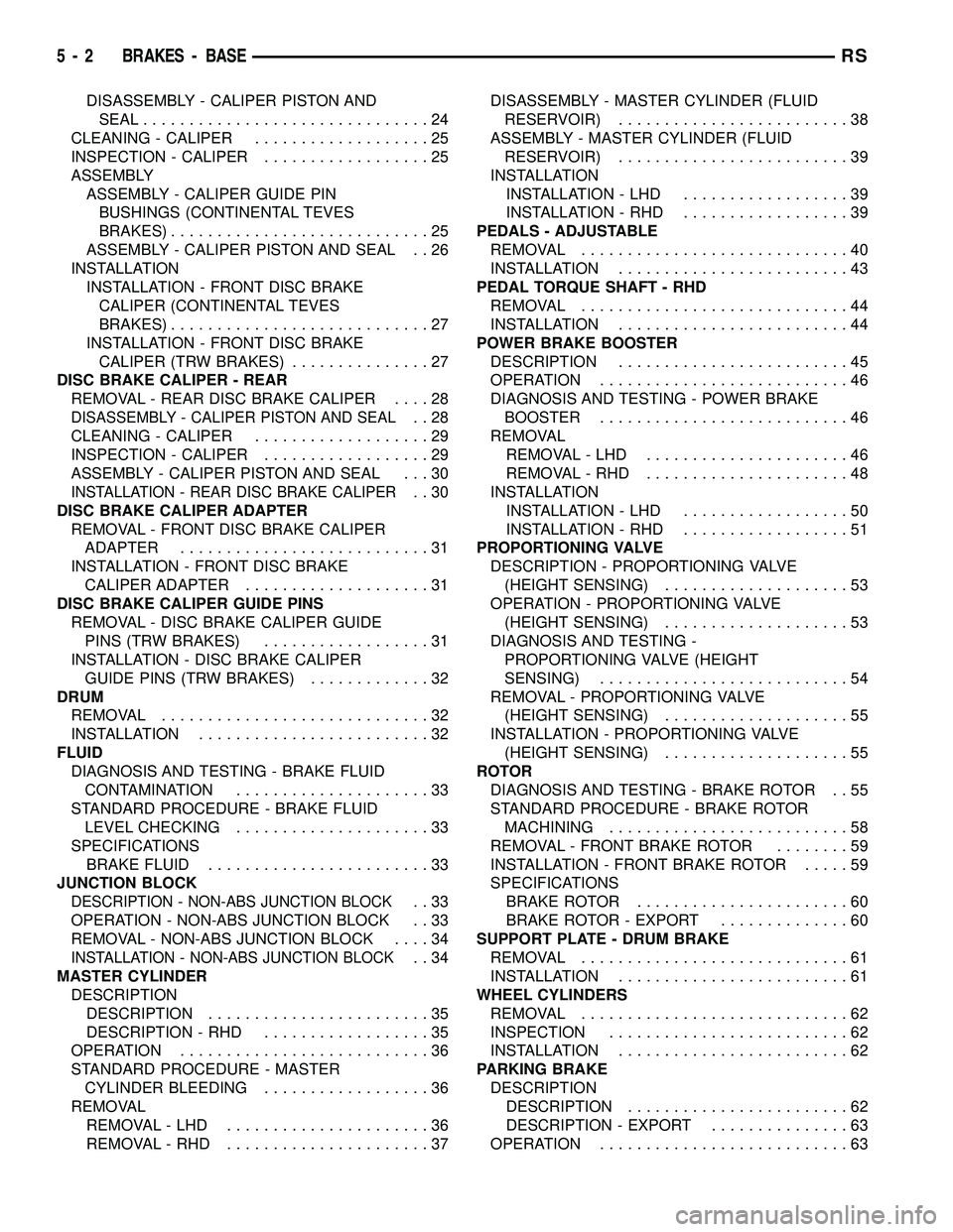 CHRYSLER CARAVAN 2005  Service Manual DISASSEMBLY - CALIPER PISTON AND
SEAL...............................24
CLEANING - CALIPER...................25
INSPECTION - CALIPER..................25
ASSEMBLY
ASSEMBLY - CALIPER GUIDE PIN
BUSHINGS (