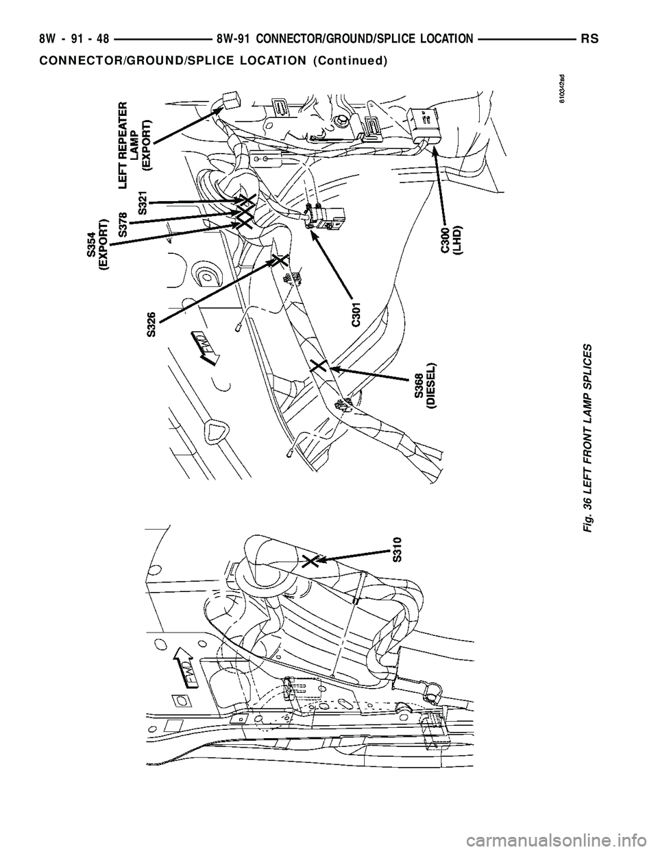CHRYSLER CARAVAN 2005  Service Manual Fig. 36 LEFT FRONT LAMP SPLICES
8W - 91 - 48 8W-91 CONNECTOR/GROUND/SPLICE LOCATIONRS
CONNECTOR/GROUND/SPLICE LOCATION (Continued) 