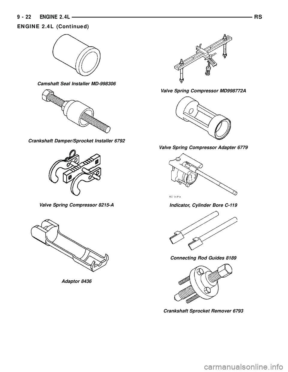 CHRYSLER CARAVAN 2005  Service Manual Camshaft Seal Installer MD-998306
Crankshaft Damper/Sprocket Installer 6792
Valve Spring Compressor 8215-A
Adaptor 8436
Valve Spring Compressor MD998772A
Valve Spring Compressor Adapter 6779
Indicator