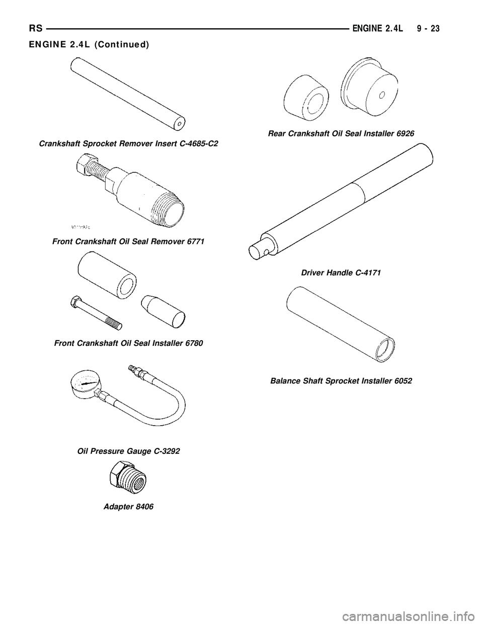 CHRYSLER CARAVAN 2005  Service Manual Crankshaft Sprocket Remover Insert C-4685-C2
Front Crankshaft Oil Seal Remover 6771
Front Crankshaft Oil Seal Installer 6780
Oil Pressure Gauge C-3292
Adapter 8406
Rear Crankshaft Oil Seal Installer 6